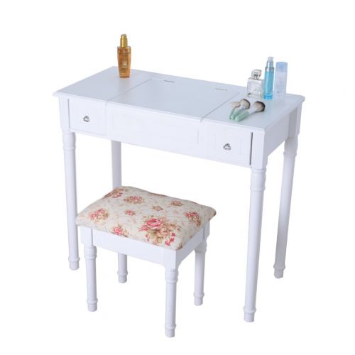  Facilehome Vanity Table Set with Flip Top Makeup Dressing Table Writing Desk with 2 Drawers Cushioned Stool,White