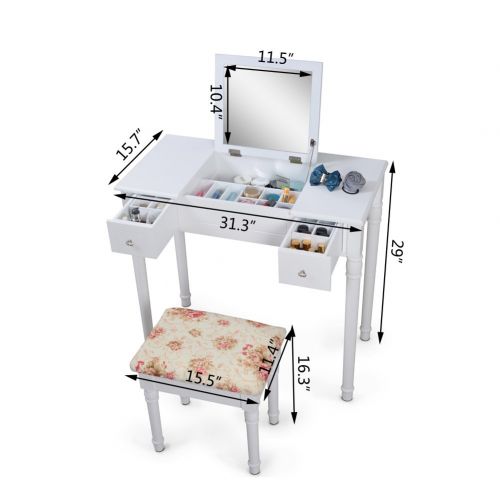  Facilehome Vanity Table Set with Flip Top Makeup Dressing Table Writing Desk with 2 Drawers Cushioned Stool,White