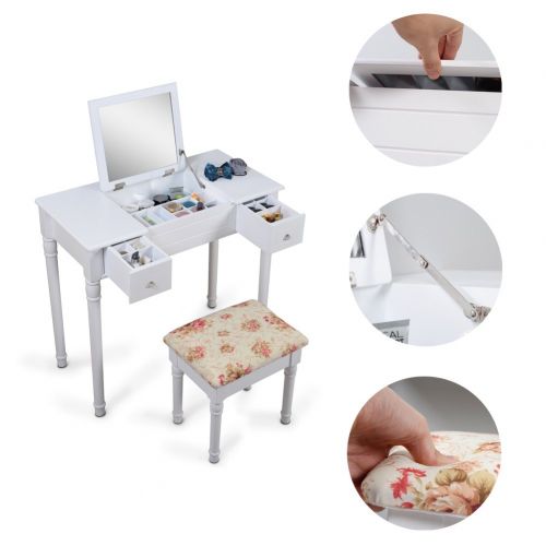  Facilehome Vanity Table Set with Flip Top Makeup Dressing Table Writing Desk with 2 Drawers Cushioned Stool,White