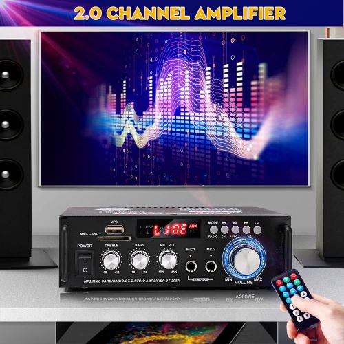  Facmogu 298A Wireless Bluetooth 5.0 Stereo Audio Amplifier, Max 300W+300W Dual Channel Power Sound Receiver w/USB, SD Card, FM Radio for Home Speakers & Theater System with Remote