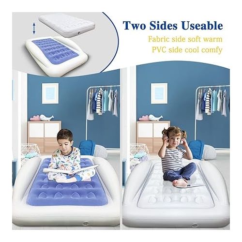  Inflatable Kids Travel Bed Toddler Air Mattress Set - Portable Blow Up Mattress Sleeping Bed Cot with Security Bed Rails and Electric Pump Ideal for Road Trip Camping Sleepovers etc. (Upgraded)