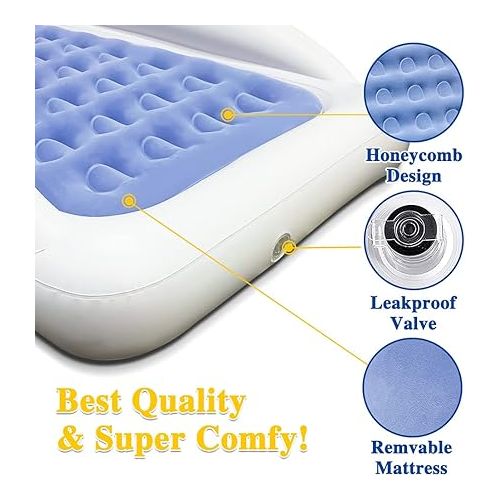  Inflatable Kids Travel Bed Toddler Air Mattress Set - Portable Blow Up Mattress Sleeping Bed Cot with Security Bed Rails and Electric Pump Ideal for Road Trip Camping Sleepovers etc. (Upgraded)