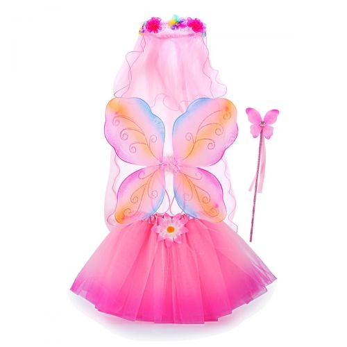  Fairy Costume, Sinuo Costume Set With Wings,Tutu,Wand and Veil Princess Set Fit Girls Age 3-8(Pink)