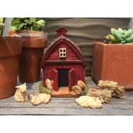 FairyBestWishes Fairy Garden Barn 4pc Set | Miniature Resin Little Red Barn with 3 Pigs | Perfect for Animal Farm Themes or Cowgirl Fairies