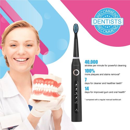  Fairywill Travel Electric Toothbrush Clean as Dentist Rechargeable Sonic Toothbrush with Timer 5 Optional Modes Waterproof Crystal Black, Travel Case Included Travel Friendly