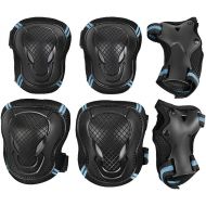 FakeFace Adults Teens Kids Knee Elbow Wrist Pads Set Reflective Adjustable Collision Avoidance Skate Roller Blading Biking Knee Braces Support Elbow Pads Wrist Guards (Black&blue, L(For Adu