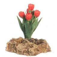 Falcon Dollhouse Miniature Orange Tulip Plant on a Rock