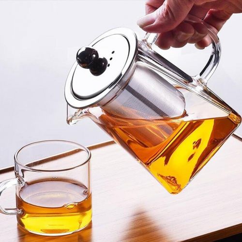  Falliback Glass Water Jug Hitzebestandiges Glas Edelstahl Filtering Teekanne Square Flower Teekanne fuer heissen und Eistee Wasser Saft Getrank 750ml