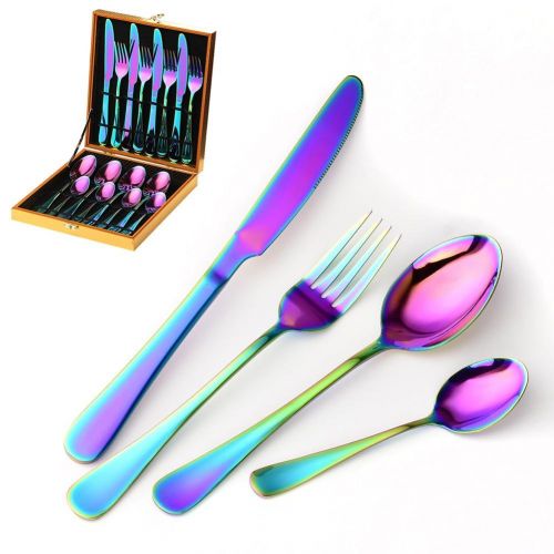  Falliback 16 PCS/24 PCS Cutlery Spoons Set Stainless Steel Rainbow Colourful Gold-Plated For Hotel Tableware Gift Party Supplies