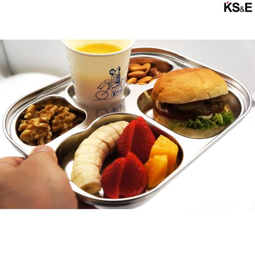  Fam 3 Compartment Tray Stainless Steel Divided Plates by KS&E, Kids Toddlers Babies Tray, BPA Free, Diet Food Control, Camping Dishes, Compact Serving Platter, Dinner Snack, 5 Compartment Plate Silver, S