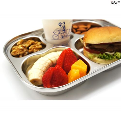  Fam 3 Compartment Tray Stainless Steel Divided Plates by KS&E, Kids Toddlers Babies Tray, BPA Free, Diet Food Control, Camping Dishes, Compact Serving Platter, Dinner Snack, 5 Compartment Plate Silver, S