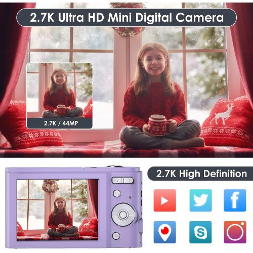  Mini Digital Camera 2.7K Ultra HD 2.88 Inch LCD 44 MP Rechargeable FamBrow Digital Video Camera Pocket Vlogging Camera Kids Cameras with 16X Digital Zoom for Beginner Photography (