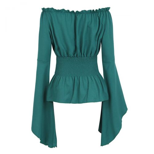  Famajia Womens Renaissance Blouse Off Shoulder Trumpet Long Sleeve Peasant Tops Medieval Victorian Costume