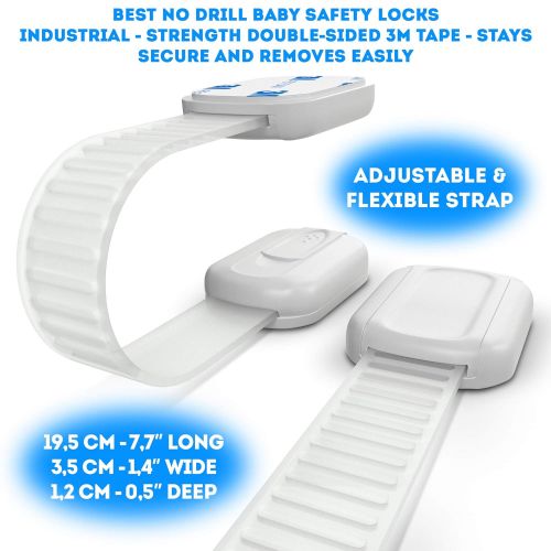  Family Care Baby Safety Cabinet Locks (6 Pack + 4 Guards) 3M Adhesive Child Proofing Latches, to Baby Proof Cupboard, Drawers, Fridge, Toilet Seat, Dishwasher, Adjustable Kids Proofing Straps