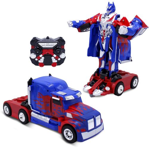  [아마존베스트]Family Smiles Kids RC Toy Car Transforming Robot One Button Transformation Engine Sound 360 Spinning Speed Drifting 2 Band 2.4 GHz Remote Control RC Vehicle Toys for Boys Blue Truck