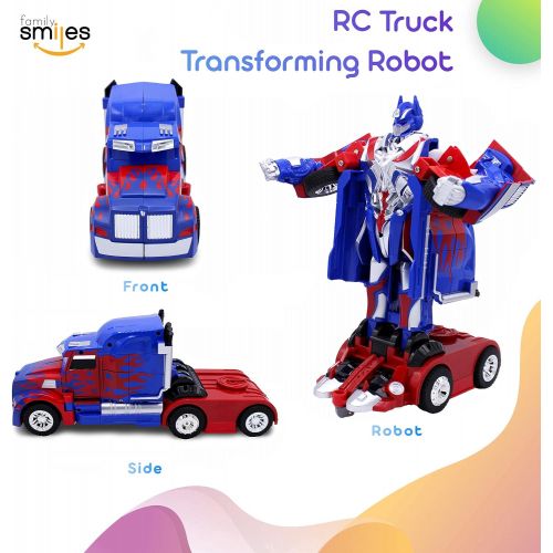  [아마존베스트]Family Smiles Kids RC Toy Car Transforming Robot One Button Transformation Engine Sound 360 Spinning Speed Drifting 2 Band 2.4 GHz Remote Control RC Vehicle Toys for Boys Blue Truck