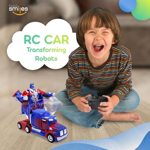  [아마존베스트]Family Smiles Kids RC Toy Car Transforming Robot One Button Transformation Engine Sound 360 Spinning Speed Drifting 2 Band 2.4 GHz Remote Control RC Vehicle Toys for Boys Blue Truck