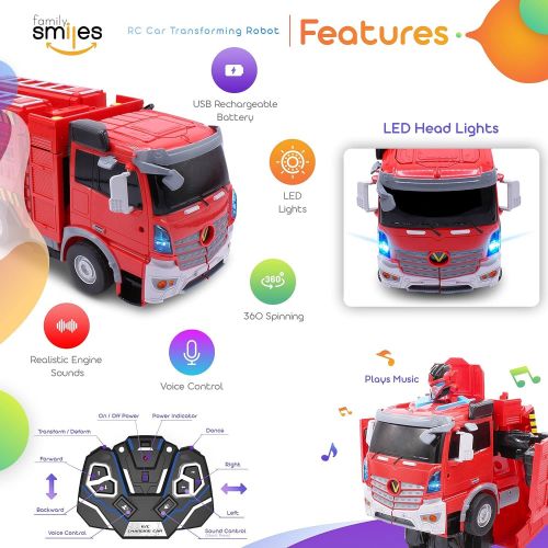  Family Smiles Kids Fire Truck RC Toy Transforming Robot Remote Control Car Vehicle Toys for Boys 8 - 12 Red