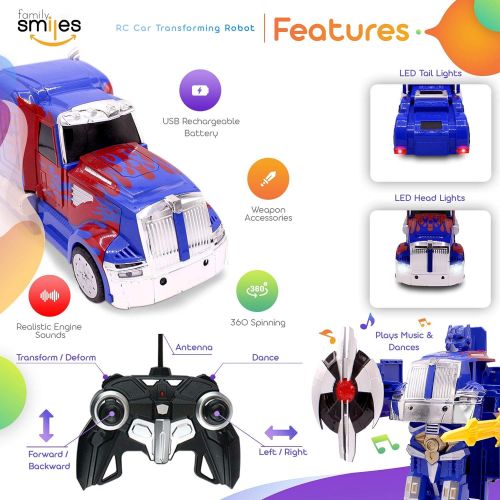  Family Smiles RC Toy Car Truck Transforming Robot Kids 8 - 12 years Remote Control Vehicle 1:14 Scale Blue