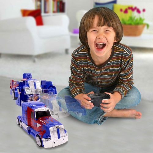  Transformania Toys RC Toy Transforming Robot Remote Control (27 MHz) Truck with One Button Transformation, Realistic Engine Sounds and 360 Speed Drifting 1:14 Scale (Blue)