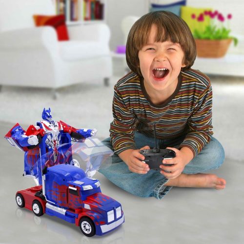  Transformania Toys Kids RC Toy Car Transforming Robot One Button Transformation Engine Sound Dance Mode 360 Spinning Speed Drifting 2 Band 2.4 GHz Remote Control RC Vehicle Toys Boys (Blue Truck)