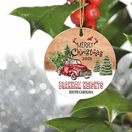  FamilyGift Merry Christmas Ornaments Red Truck and Green Tree 2021 - Branham Heights South Carolina Ornament Hometown - Keepsake Gift Ideas Ornament 3 For Family, Friend And Housewarming