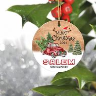 FamilyGift Merry Christmas Ornaments Red Truck and Green Tree 2021 - Salem New Hampshire Ornament Hometown - Keepsake Gift Ideas Ornament 3 For Family, Friend And Housewarming