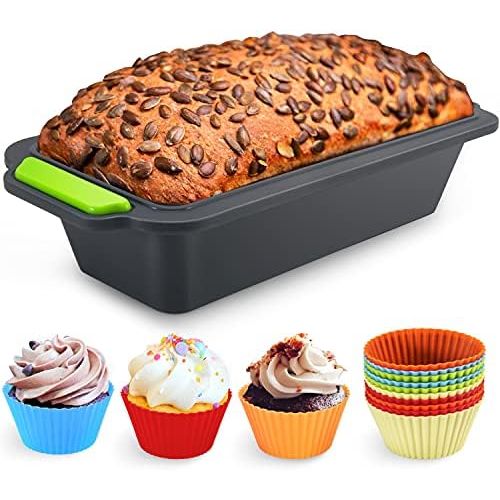  [아마존베스트]Familybox 11 in 1 silicone bread baking mould set, large bread baking tin, loaf tin, non-stick baking mould and 10 muffin cupcake cases, muffin moulds for baking, mixing and steami