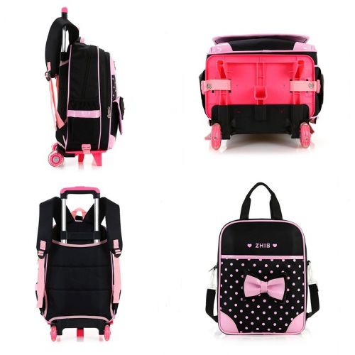  Fanci 2Pcs Cute Bowknot Kids Rolling School Backpack Polka Dot Trolley Carry on Luggage With Two Wheels