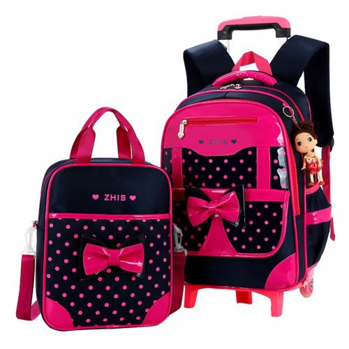  Fanci 2Pcs Cute Bowknot Kids Rolling School Backpack Polka Dot Trolley Carry on Luggage With Two Wheels