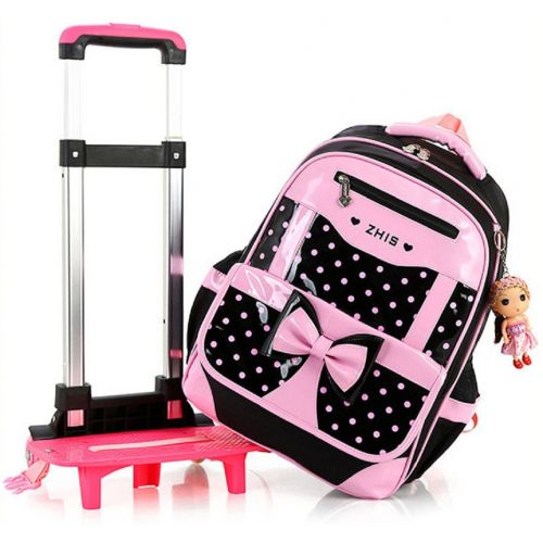  Fanci 2Pcs Cute Bowknot Kids Rolling School Backpack Polka Dot Trolley Carry on Luggage With Two Wheels