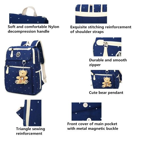  Fanci 4Pcs Polka Dot Women Canvas Casual Daypack for Girls Middle School Backpack Set