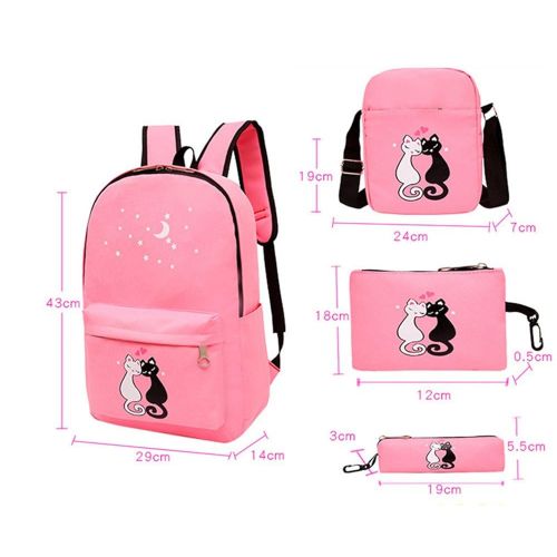  Fanci 4Pcs Cute Cat Prints Canvas School Rucksack Backpack Set for Girls Elementary Bookbag