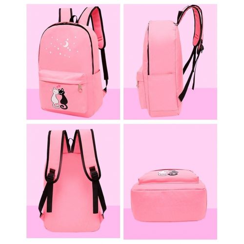  Fanci 4Pcs Cute Cat Prints Canvas School Rucksack Backpack Set for Girls Elementary Bookbag