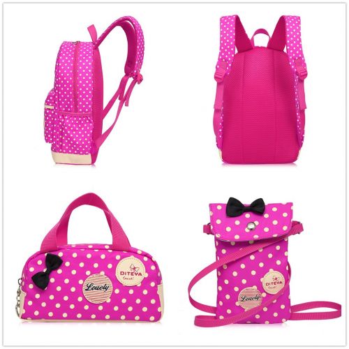  Fanci 3Pcs Polka Dot Bowknot Elementary Kids School Backpack Bookbag Set for Girls Princess Style Casual Daypack