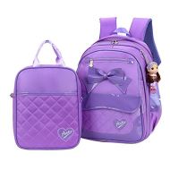 Fanci 2Pcs Bowknot Waterproof Nylon Elementary School Bookbag for Girls Primary School Backpack Set with Lunch Kit