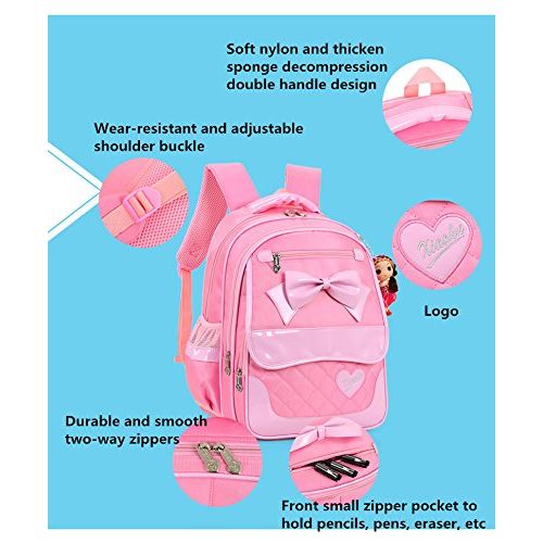  Fanci 2Pcs Bowknot Waterproof Nylon Elementary School Bookbag for Girls Primary School Backpack Set with Lunch Kit