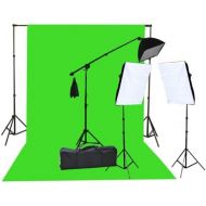 Fancierstudio 2000 Watt Lighting Kit with 10x12 Chromakey Green Screen and Three Softbox Lights (One with Boom Arm Hairlight Softbox) for Studio Photography and Video Lighting (F90