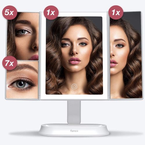  Fancii Trifold Makeup Mirror with Natural LED Lights, Lighted Vanity Mirror with 5x & 7x Magnifications - 58 Dimmable Lights, Touch Screen, Cosmetic Stand (Sora)