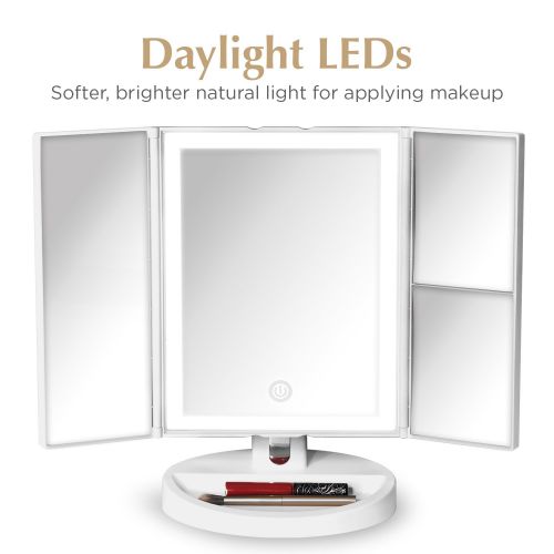  Fancii Trifold Vanity Mirror with LED Lights, Lighted Makeup Mirror with 5X 10x Magnifications - 34 Dimmable Natural Lights, Touch Screen Adjustable Countertop Table Mirror with Co