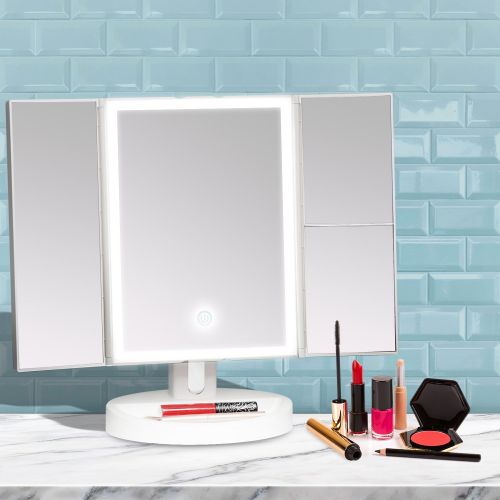  Fancii Trifold Vanity Mirror with LED Lights, Lighted Makeup Mirror with 5X 10x Magnifications - 34 Dimmable Natural Lights, Touch Screen Adjustable Countertop Table Mirror with Co
