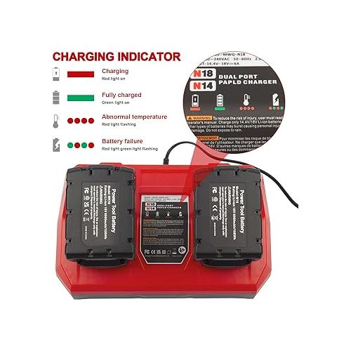  Dual Battery Charger Replace for M18 Milwaukee 6A Rapid Lithium Charger to Charge 14.4V-18V XC Lithium-ion Battery 48-59-1890 48-59-1812 48-11-1850 48-11-1820 48-11-1835 48-59-1802