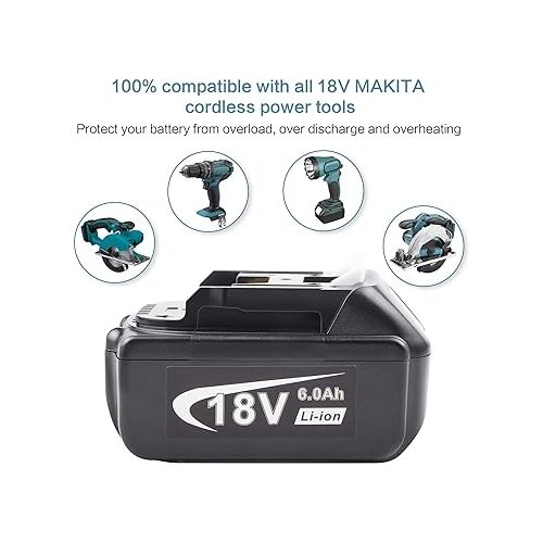  Upgrade 18V 6000mAh BL1860 Battery Replace for Makita BL1860B BL1860B-2 BL1850 BL1850B BL1840 BL1840B BL1830 BL1830B BL1820 BL1815 BL1815B LXT-400 194204-5 Drill Tools with LED Indicator (2Pack)