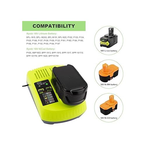  Replacement Ryobi P117 P118 P119 Dual Chemistry Charger Li-ion & Ni-cad Ni-Mh Battery Charger 12V 18V MAX for Ryobi One+ Plus Battery 1400670 P122 P161 P162 P164 P189 P190 P191 P192 P193 P194 P197