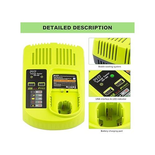  Replacement Ryobi P117 P118 P119 Dual Chemistry Charger Li-ion & Ni-cad Ni-Mh Battery Charger 12V 18V MAX for Ryobi One+ Plus Battery 1400670 P122 P161 P162 P164 P189 P190 P191 P192 P193 P194 P197