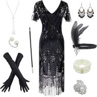 Fancy Clothing Womens 1920s Gatsby Inspired Sequin Beads Long Fringe Flapper Dress w/Accessories Set