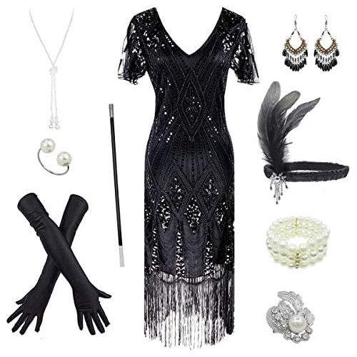  할로윈 용품Fancy Clothing Womens 1920s Gatsby Inspired Sequin Beads Long Fringe Flapper Dress w/Accessories Set