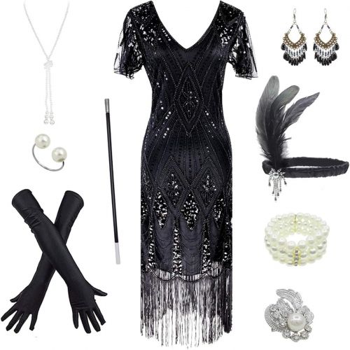  할로윈 용품Fancy Clothing Womens 1920s Gatsby Inspired Sequin Beads Long Fringe Flapper Dress w/Accessories Set