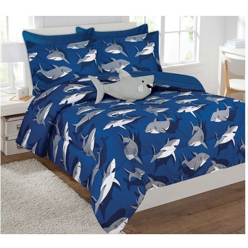  [아마존베스트]Fancy Linen Fancy Collection 6 Pc Kids/teens Shark Blue Grey Design Luxury Comforter Furry Buddy Included