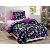 Fancy Linen Fancy Collection 6pc Twin Size Comforter Set Skulls Peace Signs Hearts Zebra Print Leopard Print Black Pink Purple Blue Green With Furry Pillow New